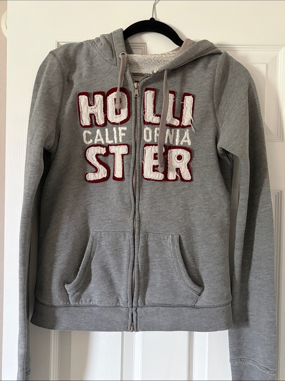 Hollister Gray Hooded Zip-Up with Red-Trim Logo Patch